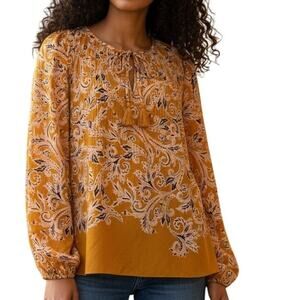 DR2 Mustard Paisley Blouse Womens Large Plisse Accordion Pleat Tassel Boho Top